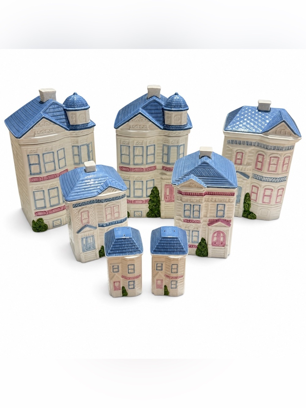 Vintage 1988 Hearth & Home Ceramic House Canister Set Blue Pink 7 Piece Kitchen
